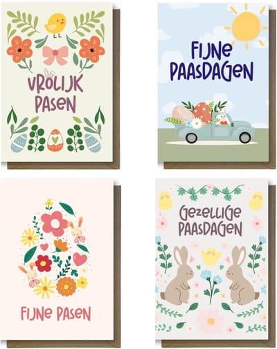20 Luxe Vrolijk Pasen Wenskaarten - Paaskaarten - 12x17cm - gevouwen kaarten Inclusief gekleurde enveloppen