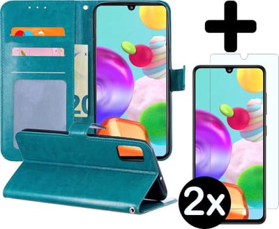 Hoesje - Met 2x Screenprotector - Geschikt voor Samsung Galaxy A41 - Luxe Pasjeshouder - Flip Case - Bookcase Portemonee - Kunstleer Book Case - Flipcase Hoes - Book Cover - Walletcase - Portemonneehoes - Telefoonhoes - Turquoise