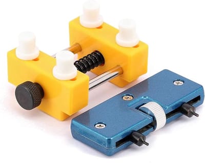 Daity Een gereedschapsset voor het vervangen van horlogebatterijen - inclusief een gereedschap om de achterkant van het horloge te verwijderen en een horlogeopener (geel en blauw).