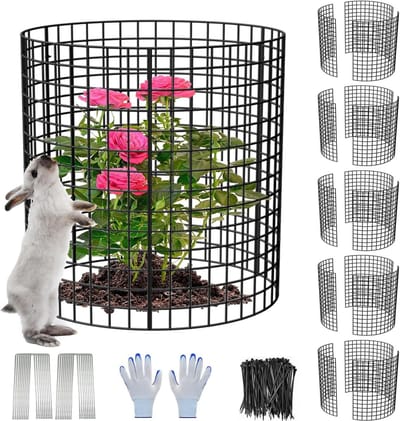 6 stuks draadplantenbeschermers, 13,5 inch diameter x 14 inch H plantenbeschermer van dieren, 18 stuks voorgebogen metalen gaas om dieren buiten te houden met ritsbanden en palen, konijnenbarricades