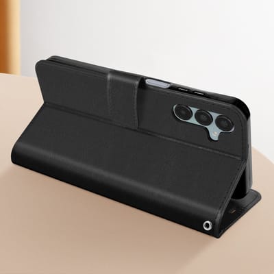 Mayaxess, Foliohoes Geschikt voor Samsung Galaxy A15 5G Bescherming met polsband Multifunctionele flap, Zwart