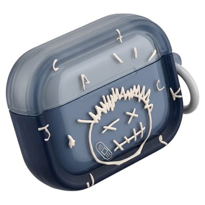 Grijs blauw transparant hoesje voor oordopjes heren dames met cartoon doodle gezicht en ring geschikt voor AirPods Pro 2 siliconen soft case beschermhoes