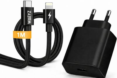 WAEYZ 25W Super Snellader Zwart + USB-C Gevlochten Kabel naar Compatible Lightning aansluiting 1M – Extra Stevig Gevlochten – Oplader Adapter Set Geschikt voor iPhone & iPad met Lightning Poort