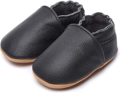 Steppies Babyslofjes Leer - Zwart - Maat 16-17 (0-6 maanden, 11 cm) - met Suède Zool