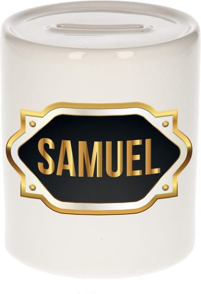 Spaarpot met voornaam Samuel - wit - met goud/zwart embleem - 8 x 9 cm - keramiek - met afsluitdop - cadeau verjaardag