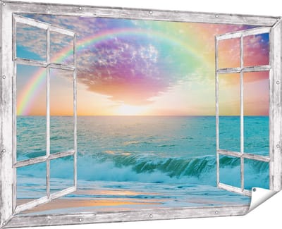 Gards Tuinposter Doorkijk Regenboog in het Water bij het Strand - 180x120 cm - Tuindoek - Tuindecoratie - Wanddecoratie buiten - Tuinschilderij