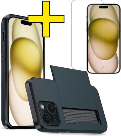 Hoesje Geschikt voor iPhone 15 Hoesje Case Pashouder Hard Cover Met Screenprotector - Hoes Geschikt voor iPhone 15 Hoesje Met Kaarthouder - Donkerblauw