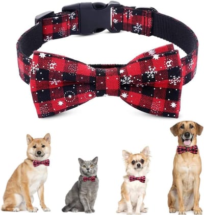 Honden- en kattenhalsband met vlinderdas, rood raster, sneeuwvlokken, kersthalsbanden, plastic gesp, verstelbare halsbanden voor middelgrote en grote honden (L)