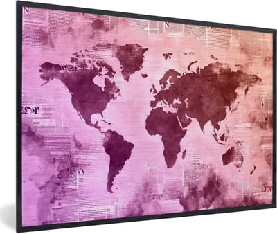 Poster in lijst - Fotolijst 90x60 cm - Posters - Wereldkaart - Paars - Krant - Posterlijst zwart - Decoratie - Wanddecoratie woonkamer - Muurdecoratie slaapkamer