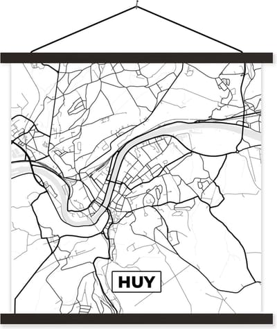 Posterhanger incl. Poster 60x60 cm - Schoolplaat - Stadskaart – Zwart Wit - Kaart – Huy – België – Plattegrond - Textielposter - Zwarte latten - Stadskaart