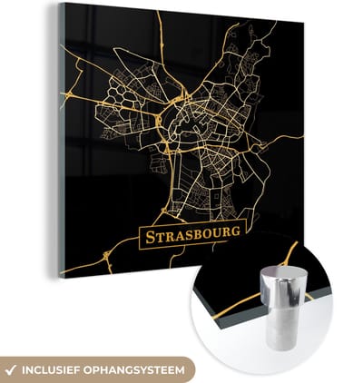 MuchoWow® Glasschilderij 50x50 cm - Schilderij acrylglas - Kaart - Strasbourg - Goud - Zwart - Foto op glas - Schilderijen