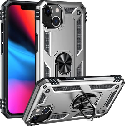 Casemania Hoesje Geschikt voor Apple iPhone 14 - Grijs - Anti-Shock Hybrid Armor Back Cover - Hoes met Kickstand Ring