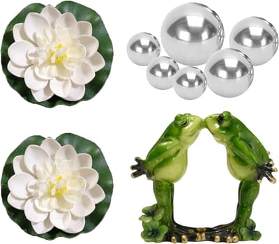 Set van Decoratieve Kikkers met Zilveren Ballen en Lotusbloem voor Mini Vijver en Fonteinen