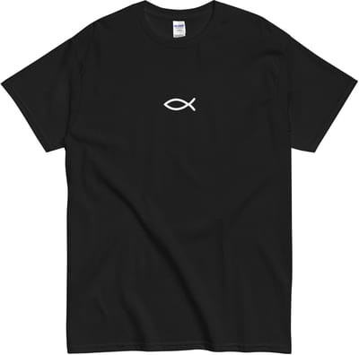 Dames en Heren T Shirt - Subtiel Christelijk Ichthus Symbool - Zwart - S