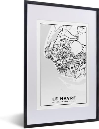 Fotolijst incl. Poster Zwart Wit- Stadskaart - Frankrijk - Le Havre - Kaart - Plattegrond - Zwart wit - 40x60 cm - Posterlijst