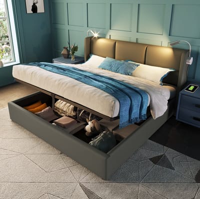 MEUNIQ gestoffeerd tweepersoonsbed 140x200 met opbergruimte, lattenbodem, leeslamp en USB-laadfunctie, bedframe voor slaapkamer, grijs kunstleer