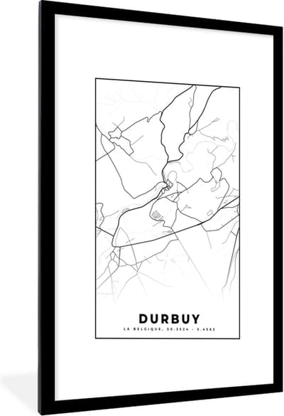 Fotolijst incl. Poster Zwart Wit- Zwart Wit – België – Plattegrond – Stadskaart – Kaart – Durbuy - 60x90 cm - Posterlijst