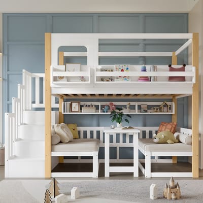Intebiki - kinderbed - stapelbed 90 x 200 - hoogslaper met in hoogte verstelbare tafel en opbergruimte - met ladder en veiligheidshekjes - met bureau en boekenplank - matras niet inbegrepen - wit