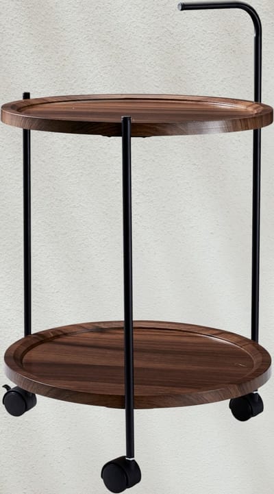 In & Out Deco Serveerwagen op wielen - Bijzettafel - 2 lagen - Kunststof blad - Hout motief - 40 cm rond