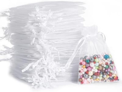 TOVBMUP 100 stuks - Organza zakjes - Cadeauzakjes - Geschikt voor feestversiering, cadeauverpakking, modeaccessoires, tafeldecoratie - 7 x 9 cm - Wit