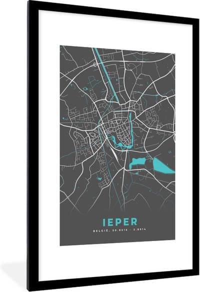 Fotolijst incl. Poster - Plattegrond – Ieper – Blauw – Stadskaart - Kaart - België - 80x120 cm - Posterlijst