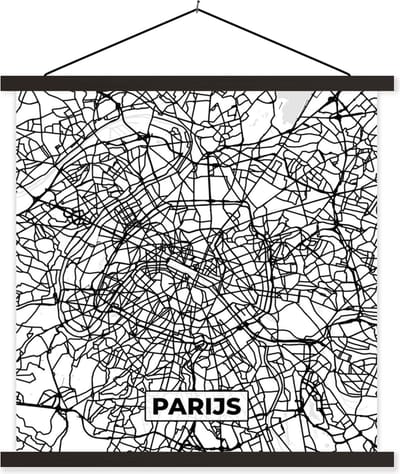 Posterhanger incl. Poster 60x60 cm - Schoolplaat - Stadskaart - Parijs - Zwart Wit - Plattegrond - Kaart - Textielposter - Zwarte latten - Stadskaart