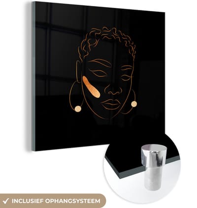 MuchoWow® Glasschilderij 50x50 cm - Schilderij acrylglas - Vrouw - Black and gold - Line art - Foto op glas - Schilderijen