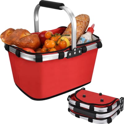 Opvouwbare Grote Winkelmand met Aluminium Handvat - 22L Waterdichte Boodschappentas met Deksel - Geïsoleerde Koeltas voor Camping en Picknick - Rood