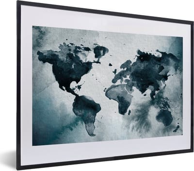 Poster in lijst - Fotolijst 60x40 cm - Posters - Wereldkaart - Abstract - Waterverf - Posterlijst zwart - Decoratie - Wanddecoratie woonkamer - Muurdecoratie slaapkamer