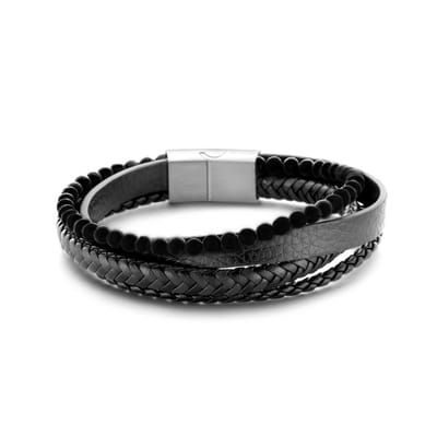Frank 1967 7FB-0541 Leren Armband - Heren - 4 Strengen - Gevlochten leer - Zwart Agaat Kralen - 4 mm Doorsnee - Leder - 21 cm - Extra Schakel in Slot - Zwart - Zilverkleurig