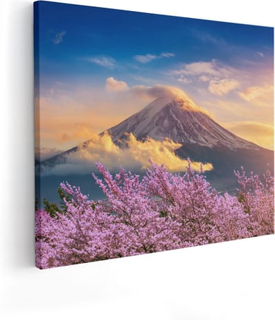 Artaza Canvas Schilderij Fuji - 100x80 cm - Groot - Wanddecoratie Bergen - Muurdecoratie Kersenbloesem - Schilderij Japan