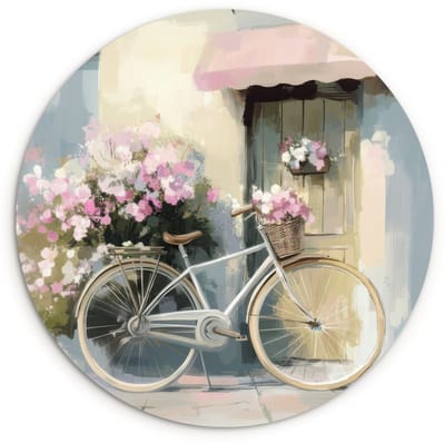WallCircle® Wandcirkel 120x120 cm - Muurcirkel Fiets - Pastelkleuren - Bloemen - Muurdecoratie woonkamer - Wanddecoratie slaapkamer - Kamer decoratie accessoires - Ronde schilderijen XXL