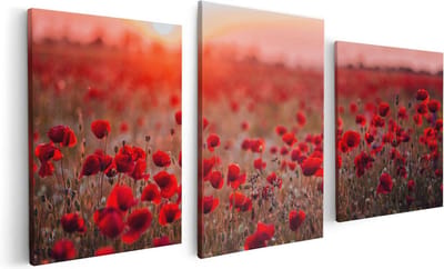 Artaza Canvas Schilderij Drieluik Rode Klaprozen Bloemenveld Zonsondergang - 120x60 cm - Wanddecoratie Woonkamer - Schilderijen - Muurdecoratie
