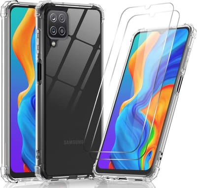 Anti-Shock silicone hoesje met 2 Pack Tempered glas Screen Protector Geschikt voor: Samsung Galaxy M12