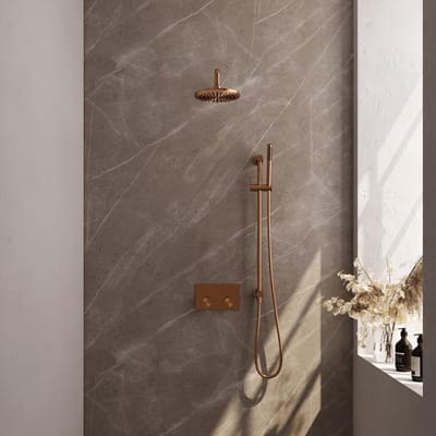 Brauer Copper Carving Thermostatische Regendoucheset Inbouw - Hoofddouche 20 cm - Gebogen Wandarm - Met Drukknoppen - Handdouche Staaf - Doucheslang - Geintegreerde Glijstang