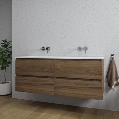 Saniclass Chaci Badkamermeubelset - 140x46x55cm - keramische wastafel wit - 2 wasbakken - zonder kraangaten - 4 lades - gemêleerd noten (hout)