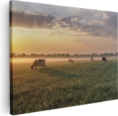 Artaza Canvas Schilderij Landschap - 40x30 cm - Klein - Wanddecoratie Koeien In De Wei - Muurdecoratie Zonsopkomst - Kamer Accessoires Natuur