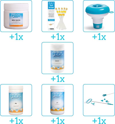 Zwembad Onderhoudspakket - Onderhoud Zwembad - bevat Chloor - Testrips - Chloordrijver - Chloor - PH-min - PH-plus en Schoonmaakset (7-delig)
