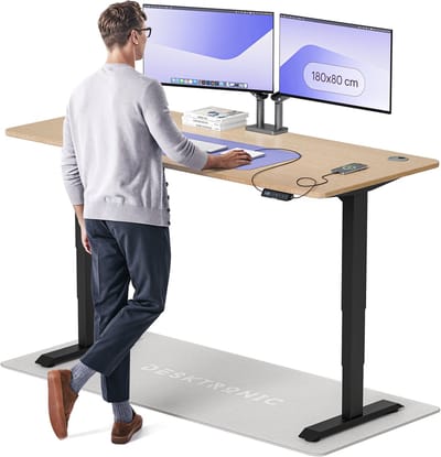 Desktronic HomePro Zit-sta Bureau Elektrisch In Hoogte Verstelbaar, 180x80 cm Bamboo/Zwart, Stille Dubbele Motor, Hoogte 62-126cm