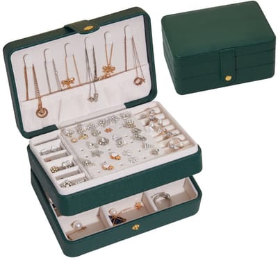 Oneay Klein sieradendoosje voor op reis, draagbare dubbellaagse PU-leer organizer, leuk cadeau voor vrouwen en meisjes, voor ringen, oorbellen en kettingen – Donkergroen