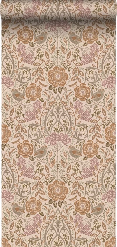 ESTAhome behang bloemen en vogels in art nouveau stijl beige, terracotta en oudroze - 53 cm x 10.05 m - 139567
