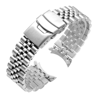 Dailygoods- Horlogeband Roestvrij Staal Gebogen Uiteinden - 18mm - Verstelbaar - Flexibel - Dubbele Inzetgesp - Massieve Halve Maan Kralen - Horlogeriem