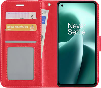 Hoesje - Met Pasjeshouder - Geschikt voor OnePlus Nord 2T - Luxe Bookcase Portemonee - Flip Case - Kunstleer Book Case - Flipcase - Book Cover - Walletcase - Portemonneehoes - Rood