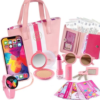 Pretend Play Kids Make-up Set en Portemonnee - Speelgoedset voor Kinderen met Smartphone, Sleutels en VIP-kaarten