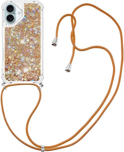 Coverup Hoesje - Geschikt voor iPhone 16 Hoesje - Coverup Liquid Glitter Back Cover met Koord - Goud