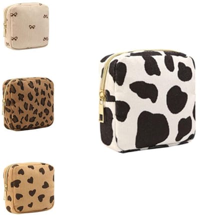 KZQ Mini Make-up Tasje - Corduroy materiaal met strik en ritssluiting - Compact en draagbaar, perfect voor het opbergen van cosmetica, maandverband, etc. - Ideaal voor op reis en dagelijks gebruik - Zwart en wit