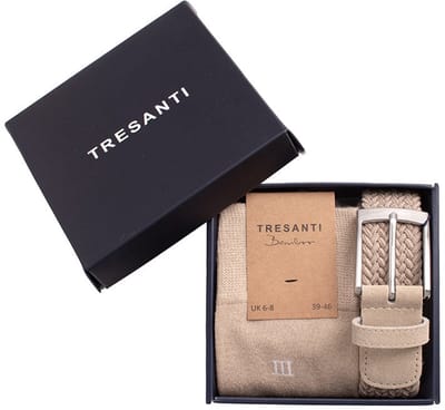 TRESANTI | ZENO I Giftbox gevlochten riem met bamboe sokken | Taupe | Size 85