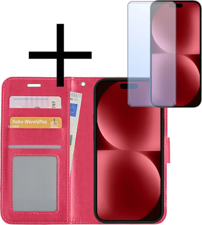 Hoesje - Met Screenprotector - Geschikt voor Apple iPhone 15 - Luxe Pasjeshouder - Bookcase Portemonee - Flip Case - Kunstleer Book Case - Flipcase - Book Cover - Walletcase - Portemonneehoes - Donkerroze