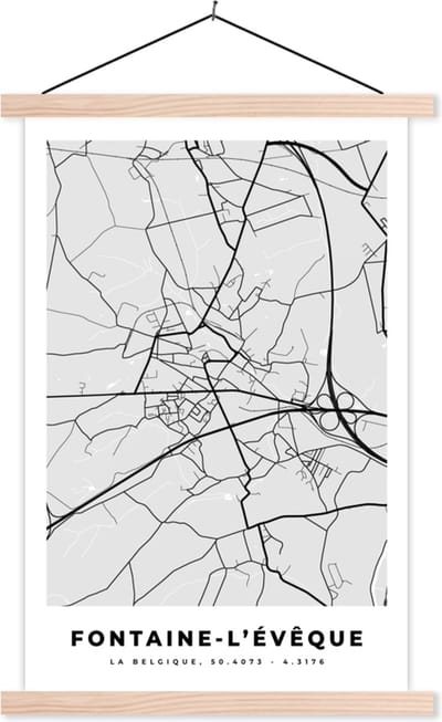 Posterhanger incl. Poster 40x60 cm - Schoolplaat - Stadskaart – Zwart Wit - Kaart – Fontaine l'Évêque – België – Plattegrond - Textielposter - Blanke latten - Stadskaart