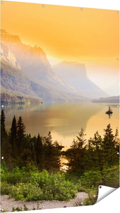 Gards Tuinposter Bergen met een Meer in Nationaal Park Glacier - 120x180 cm - Tuindoek - Tuindecoratie - Wanddecoratie buiten - Tuinschilderij